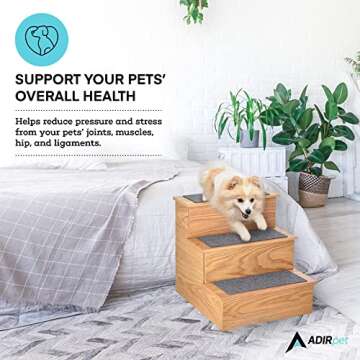 AdirPets Deluxe 3-Step Pet Stairs with Non-Slip Surface and Carpeted Treads - Sleek Pet Steps for Small Dogs, Cats, Elderly or Disabled Pets - Supports Up to 175lbs Weight - Medium Oak