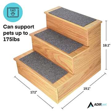 AdirPets Deluxe 3-Step Pet Stairs with Non-Slip Surface and Carpeted Treads - Sleek Pet Steps for Small Dogs, Cats, Elderly or Disabled Pets - Supports Up to 175lbs Weight - Medium Oak