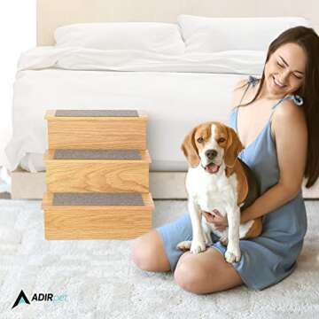 AdirPets Deluxe 3-Step Pet Stairs with Non-Slip Surface and Carpeted Treads - Sleek Pet Steps for Small Dogs, Cats, Elderly or Disabled Pets - Supports Up to 175lbs Weight - Medium Oak