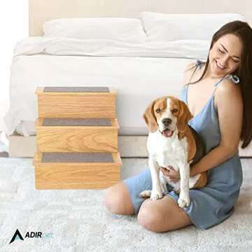 AdirPets Deluxe 3-Step Pet Stairs with Non-Slip Surface and Carpeted Treads - Sleek Pet Steps for Small Dogs, Cats, Elderly or Disabled Pets - Supports Up to 175lbs Weight - Medium Oak