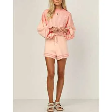 Arssm 2 Piece Sets for Women Casual Knitted Striped Crewneck Pullover Long Sleeve Sweater Shorts Lou...