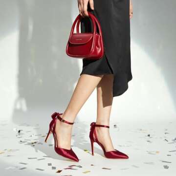 Trary Red Heels for Women Pumps Shoes Women Closed Pointed Toe Heels Sexy Stiletto High Heels with Bow Knot Comfortable Ankle Strap Office Casual Party Dress Shoes 3.74" Heels Size 7.5