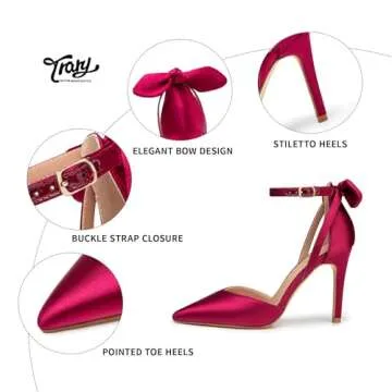 Trary Red Heels for Women Pumps Shoes Women Closed Pointed Toe Heels Sexy Stiletto High Heels with Bow Knot Comfortable Ankle Strap Office Casual Party Dress Shoes 3.74" Heels Size 7.5