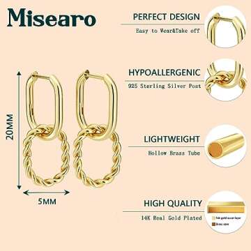 Misearo Gold Dangle Earrings for Women, Trendy Small 14K Gold Plated Square Link Twisted Huggie U-shaped Hoop Earrings Tiny Dangling Earrings Jewelry Gifts for Women Teen Girls
