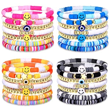 28-30Pcs Heishi Surfer Bracelets Set Colorful Preppy Evil Eye Star Beaded Stretch Bracelets Clay Sta...
