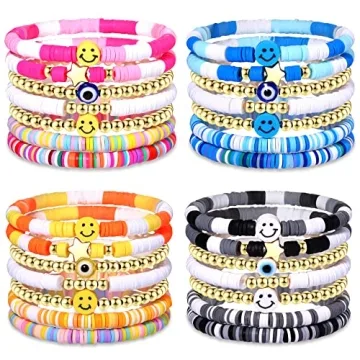 28-30Pcs Heishi Surfer Bracelets Set Colorful Preppy Evil Eye Star Beaded Stretch Bracelets Clay Sta...