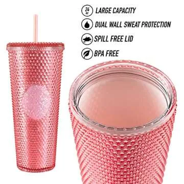 Sterz Studded Tumbler with Straw | Perfect for Hot and Cold Drinks, Reusable 24oz (Rose Pink)