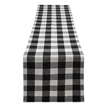 Yourtablecloth Plaid Checkered Table Runner - Washable Indoors or Outdoors Black and White 14 x 108