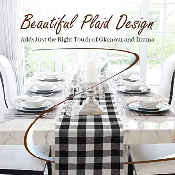 Yourtablecloth Plaid Checkered Table Runner - Washable Indoors or Outdoors Black and White 14 x 108