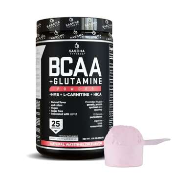 SASCHA FITNESS BCAA 4:1:1 + Glutamine,HMB,L-Carnitine,HICA | Powerful and Instant Powder Blend with Branched Chain Amino Acids (BCAAs) for Pre,Intra and Post-Workout |Natural Watermelon Flavor,362.5g