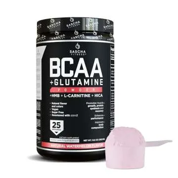SASCHA FITNESS BCAA 4:1:1 + Glutamine,HMB,L-Carnitine,HICA | Powerful and Instant Powder Blend with Branched Chain Amino Acids (BCAAs) for Pre,Intra and Post-Workout |Natural Watermelon Flavor,362.5g