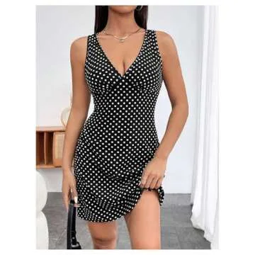 RoseSeek Women's Polka Dots V Neck Tank Dress Sleeveless Summer A Line Dresses Sexy Mini Dress Black and White Large