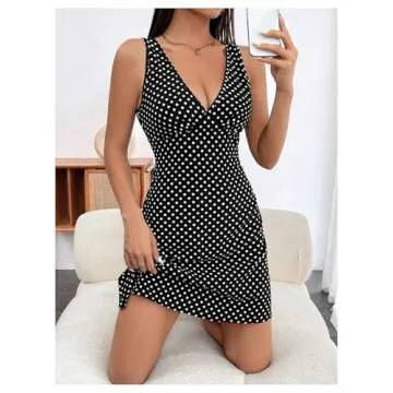 RoseSeek Women's Polka Dots V Neck Tank Dress Sleeveless Summer A Line Dresses Sexy Mini Dress Black and White Large