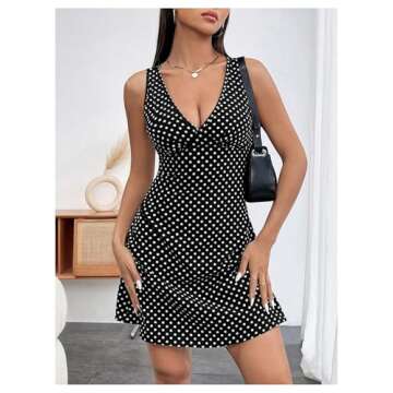 RoseSeek Women's Polka Dots V Neck Tank Dress Sleeveless Summer A Line Dresses Sexy Mini Dress Black and White Large