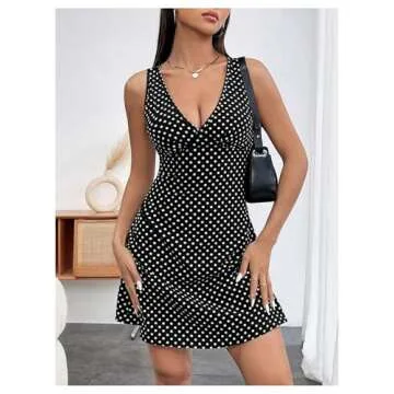 RoseSeek Women's Polka Dots V Neck Tank Dress Sleeveless Summer A Line Dresses Sexy Mini Dress Black and White Large