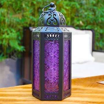 CVHOMEDECO. Decorative Candle Lantern Moroccan Lanterns Vintage Black Metal Lantern Holder for Home Patio Outdoor Decor. Purple Glass, Medium