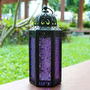 CVHOMEDECO. Decorative Candle Lantern Moroccan Lanterns Vintage Black Metal Lantern Holder for Home Patio Outdoor Decor. Purple Glass, Medium
