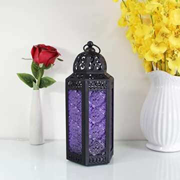 CVHOMEDECO. Decorative Candle Lantern Moroccan Lanterns Vintage Black Metal Lantern Holder for Home Patio Outdoor Decor. Purple Glass, Medium