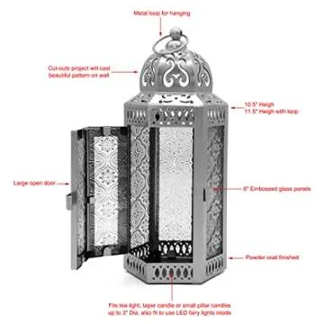 CVHOMEDECO. Decorative Candle Lantern Moroccan Lanterns Vintage Black Metal Lantern Holder for Home Patio Outdoor Decor. Purple Glass, Medium