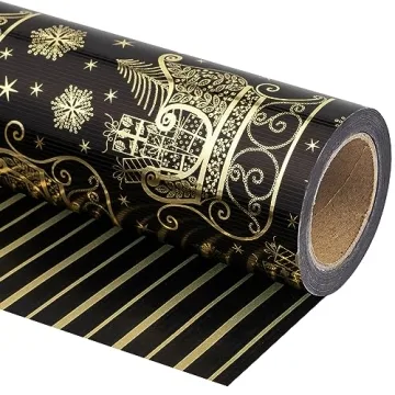 WRAPAHOLIC Reversible Christmas Wrapping Paper - Mini Roll - 17 Inch X 33 Feet - Black and Gold Chri...