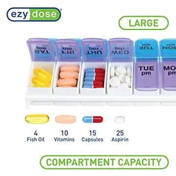 Ezy Dose Weekly AM/PM Pill Organizer, 7-Day Vitamin and Medication Box with Large Pop-Out Compartments, 2 Times a Day Pill Holder for Easy Dosing, Blue and Purple Lids, Travel-Friendly Design