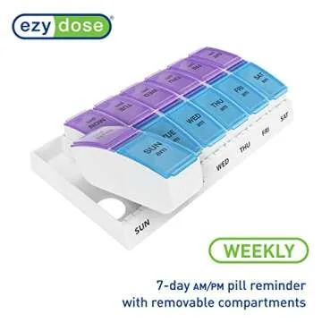 Ezy Dose Weekly AM/PM Pill Organizer, 7-Day Vitamin and Medication Box with Large Pop-Out Compartments, 2 Times a Day Pill Holder for Easy Dosing, Blue and Purple Lids, Travel-Friendly Design