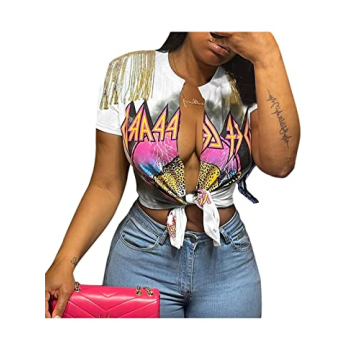 Bornpom Graphic Print Crop Top | Women Y2K Style, Leopard Design, Tie-Up Shirt