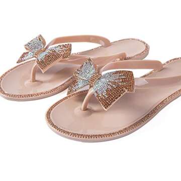 Mtzyoa Women Flip Flops Bow Flat Sandals Bling Rhinestone Nude Size 6 Beach Jelly Cute Ladies Summer...