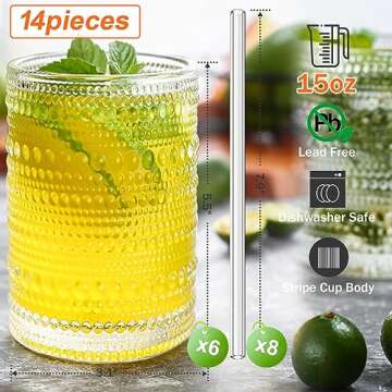 Vintage Drinking Glasses, 15 oz Hobnail Drinking Glasses Set of 6, Includes 8 Glass Straws, Ribbed Glassware, Hobnail Glassware, Whiskey Glasses, Cocktail Glasses, Romantic Highball Glasses