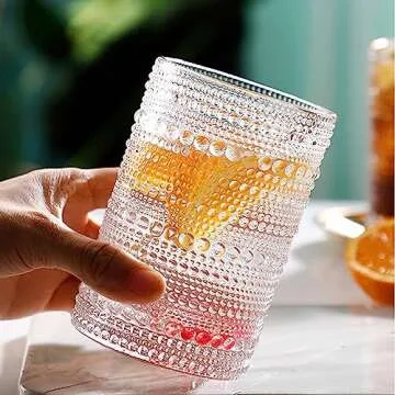 Vintage Drinking Glasses, 15 oz Hobnail Drinking Glasses Set of 6, Includes 8 Glass Straws, Ribbed Glassware, Hobnail Glassware, Whiskey Glasses, Cocktail Glasses, Romantic Highball Glasses