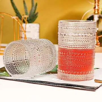 Vintage Drinking Glasses, 15 oz Hobnail Drinking Glasses Set of 6, Includes 8 Glass Straws, Ribbed Glassware, Hobnail Glassware, Whiskey Glasses, Cocktail Glasses, Romantic Highball Glasses