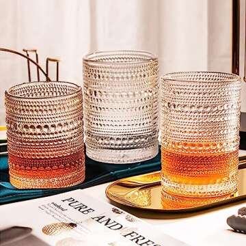 Vintage Drinking Glasses, 15 oz Hobnail Drinking Glasses Set of 6, Includes 8 Glass Straws, Ribbed Glassware, Hobnail Glassware, Whiskey Glasses, Cocktail Glasses, Romantic Highball Glasses