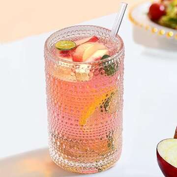 Vintage Drinking Glasses, 15 oz Hobnail Drinking Glasses Set of 6, Includes 8 Glass Straws, Ribbed Glassware, Hobnail Glassware, Whiskey Glasses, Cocktail Glasses, Romantic Highball Glasses