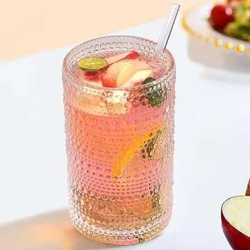 Vintage Drinking Glasses, 15 oz Hobnail Drinking Glasses Set of 6, Includes 8 Glass Straws, Ribbed Glassware, Hobnail Glassware, Whiskey Glasses, Cocktail Glasses, Romantic Highball Glasses