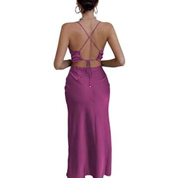 LYANER Women's Satin Cowl Neck Straps Slip Sexy Cut Out Cocktail Midi Dress Violet Medium