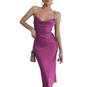 LYANER Women's Satin Cowl Neck Straps Slip Sexy Cut Out Cocktail Midi Dress Violet Medium
