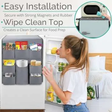 Mini Fridge Organizers and Storage - College Dorms Must Haves - Large Pockets with Dividers Holds Pantry Goods, Utensils, Paper Towel, Plastic Wrap Ideal Mini Fridge Shelf for Dorm and Office (Grey)…