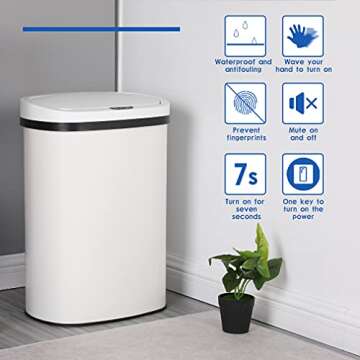 Kitchen Trash Can Office Bathroom Bedroom Waste Bin with Lid Automatic Sensor Touch Free Stainless S...
