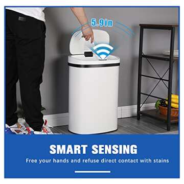 Kitchen Trash Can Office Bathroom Bedroom Waste Bin with Lid Automatic Sensor Touch Free Stainless Steel Garbage Can 13 Gallon / 50L,White