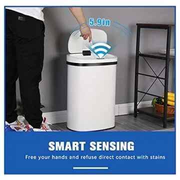 Kitchen Trash Can Office Bathroom Bedroom Waste Bin with Lid Automatic Sensor Touch Free Stainless Steel Garbage Can 13 Gallon / 50L,White