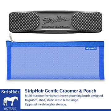 StripHair HORSE Grooming Kit 8-piece The Gentle Groomer 6-in-1 Shed Groom Massage Brush & Pouch, 2 P...