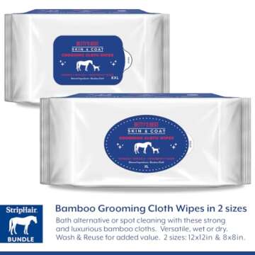 StripHair HORSE Grooming Kit 8-piece The Gentle Groomer 6-in-1 Shed Groom Massage Brush & Pouch, 2 Packs Bamboo Cloth Wipes, 2 Coat Cleaners, Tote Bag
