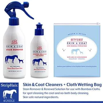 StripHair HORSE Grooming Kit 8-piece The Gentle Groomer 6-in-1 Shed Groom Massage Brush & Pouch, 2 Packs Bamboo Cloth Wipes, 2 Coat Cleaners, Tote Bag