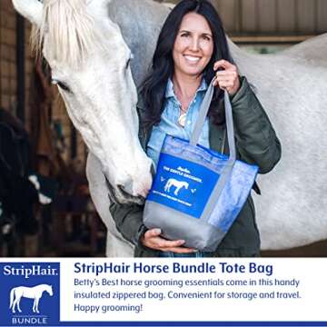 StripHair HORSE Grooming Kit 8-piece The Gentle Groomer 6-in-1 Shed Groom Massage Brush & Pouch, 2 Packs Bamboo Cloth Wipes, 2 Coat Cleaners, Tote Bag