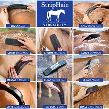 StripHair HORSE Grooming Kit 8-piece The Gentle Groomer 6-in-1 Shed Groom Massage Brush & Pouch, 2 Packs Bamboo Cloth Wipes, 2 Coat Cleaners, Tote Bag