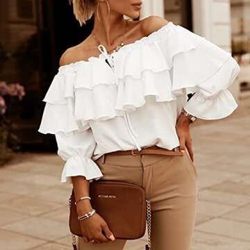 Byinns Women's Off Shoulder Ruffle Long Sleeve Blouses Casual Layered Tops White