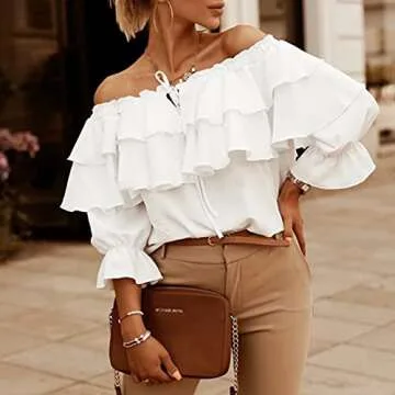 Byinns Women's Off Shoulder Ruffle Long Sleeve Blouses Casual Layered Tops White