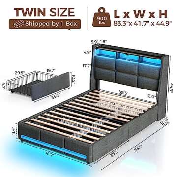 Rolanstar Twin Size Bed Frame with LED Lights and Charging Station, Upholstered Bed Storage Headboar...