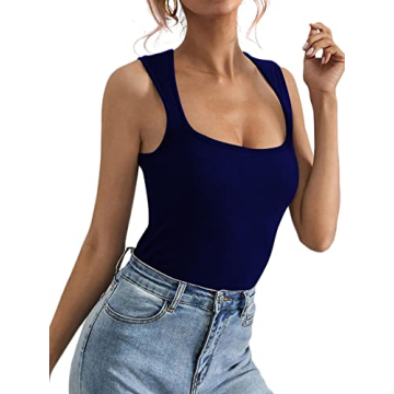 LYANER Women's Casual Square Neck Sleeveless Solid Cami Tank Top Navy Large