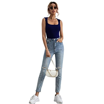 LYANER Women's Casual Square Neck Sleeveless Solid Cami Tank Top Navy Large